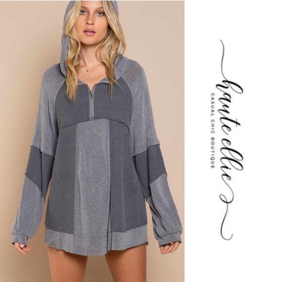 Haute Ellie Tops - Sweet Rebecca-Hooded Blocked Gray Pullover